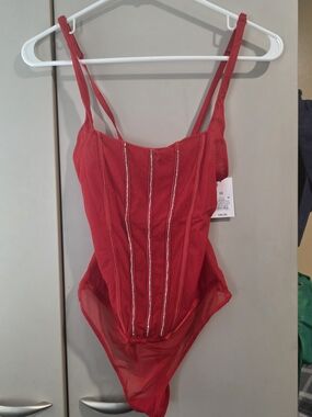 Auden Red Corset-Style Mesh Bodysuit with Rhinestone Trim